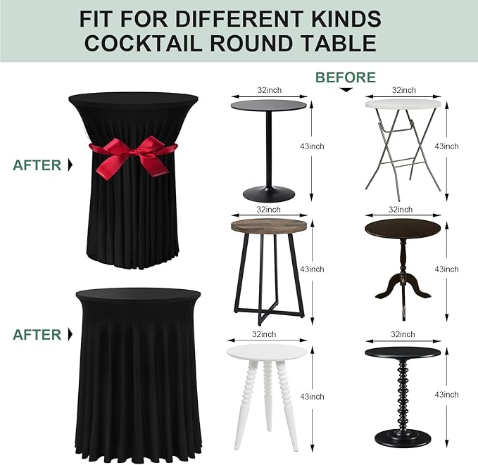 Cocktail Table Covers - 2 Pack 32"x 43" Black Cocktail Table Tablecloth with Natural Wavy Round Skirt for Bar Wedding Party Banquet
