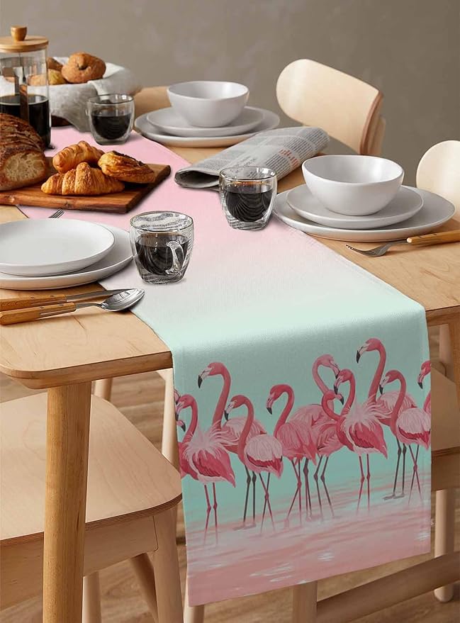 Tropical Flamingo Cotton Linen Table Runner for Dining Kitchen, Wedding Outdoor Party Tablerunners Decoration, Pink Bird Coastal Nautical Animal Dresser Scarf Coffee Tablecloth Runners 13x120 Inches