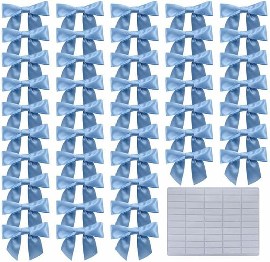 2.5" Hgzgch Light Blue Satin Ribbon Bow for Gift Wrapping, Premade Bows for Crafts, Cake, Party Favors, Handmade Bows with Double-Sided Tape, Self Adhesive Gift Bows for Presents, Treats - 50pcs