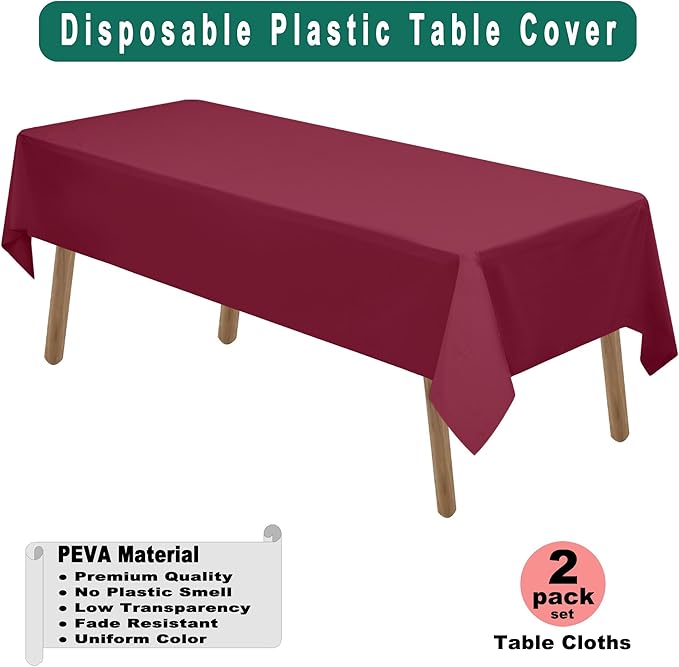 PEVA Burgundy Plastic 2 Pack Tablecloths - 54 x 108 inch Maroon Disposable Table Covers for BBQ, Birthday, Wedding Parties - Fits 8 ft Rectangle Table