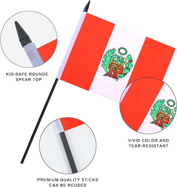 Peru Desk Flag 12" Solid Pole Deluxe Set Peruvian Flags Banner Mini Small Peru Office Table Flags with Black Stand Base Desktop Decorations(2Pack)