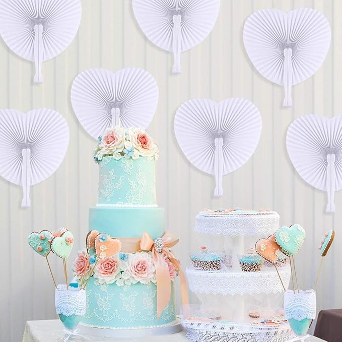 Zwin 60PCS Heart Shaped Folding Paper Fans for Wedding White Plastic Handheld Pocket Paper Fans for Party Decorations