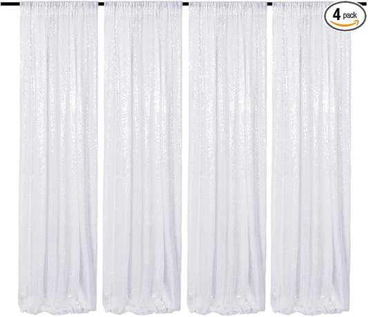 White Sequin Backdrop Curtain 2FTx8FT 4 Panels White Sequin for Parties Glitter White Backdrop Curtain for Wedding Baby Shower Photo