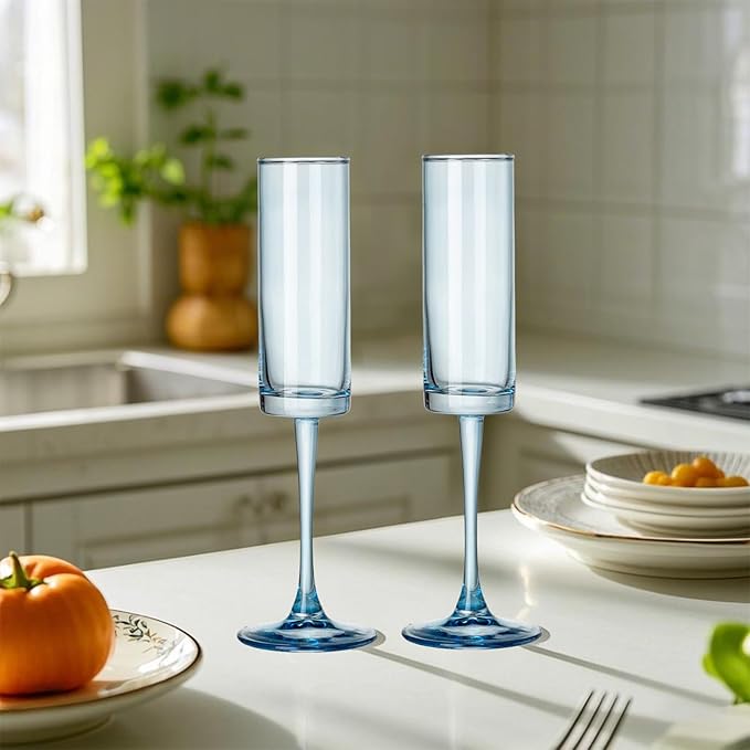 24 Pieces Blue Champagne Flutes 6 OZ Straight Sided Wine Glasses Champagne Long Stem Drinking Colored Glasses,Set of 24 Hand Blown Champagne Flutes Goblets for Wedding Cocktail Cups,Cava, Prosecco