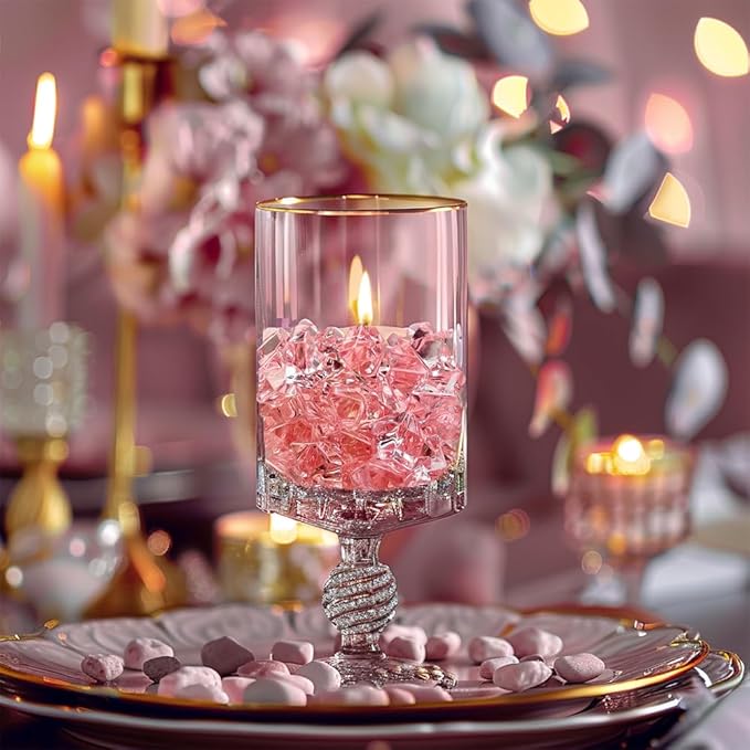 HappyFiller 15 OZ Pink Faux Ice Rocks 170 PCS Fake Crystal Cubes Stones Acrylic Gem for Glass Vase Fillers,Floral Display,Wedding Centerpieces,Party Deecor,Crafts,Table Scatter,Home Decoration