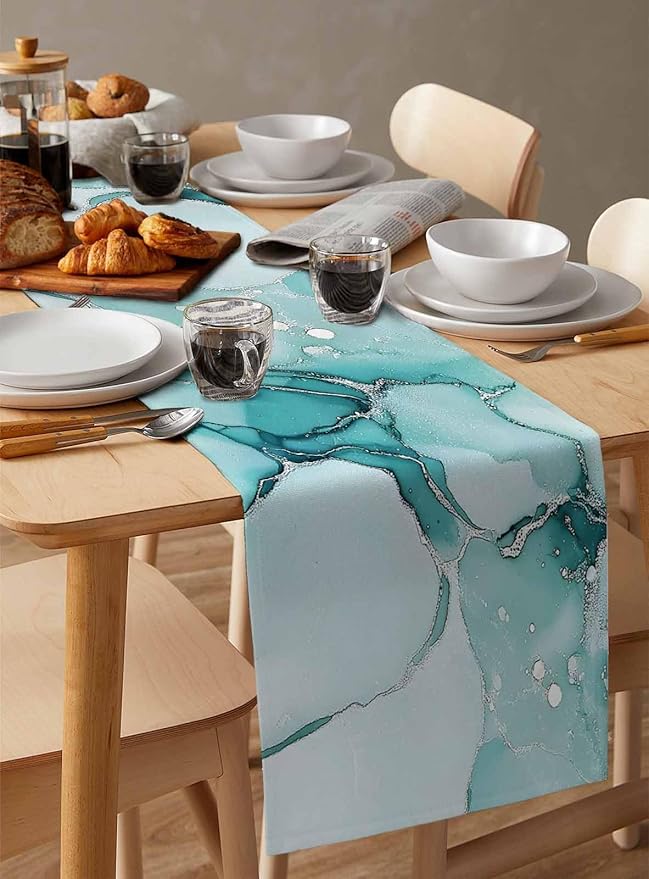Turquoise Marble Cotton Linen Table Runner for Dining Kitchen, Wedding Outdoor Party Tablerunners Decoration, Nature Marble Crack Country Retro Dresser Scarf Coffee Tablecloth Runners 13x120 Inches
