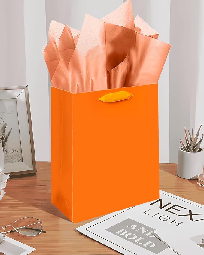 Gcardist Orange Gift Bags with Tissue Paper for Wedding, Birthday, Party Supplies-7.9"x4.3"x9.6" Medium Size Cardboard Gift Bags（16pcs Bags +32pcs Tissue Paper ）