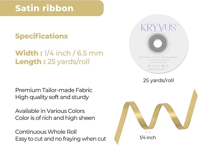 Light Gold Satin Ribbon 1/4 inch X Continuous 25 Yards, Single Face Polyester Ribbon Perfect for Gift Wrapping, Flower Bouquet, Wedding Decor, Crafts, Bow Making, Sewing and More