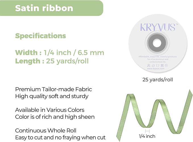 Sage Green Satin Ribbon 1/4 inch X Continuous 25 Yards, Single Face Polyester Ribbon Perfect for Gift Wrapping, Flower Bouquet, Wedding Decor, Crafts, Bow Making, Sewing and More