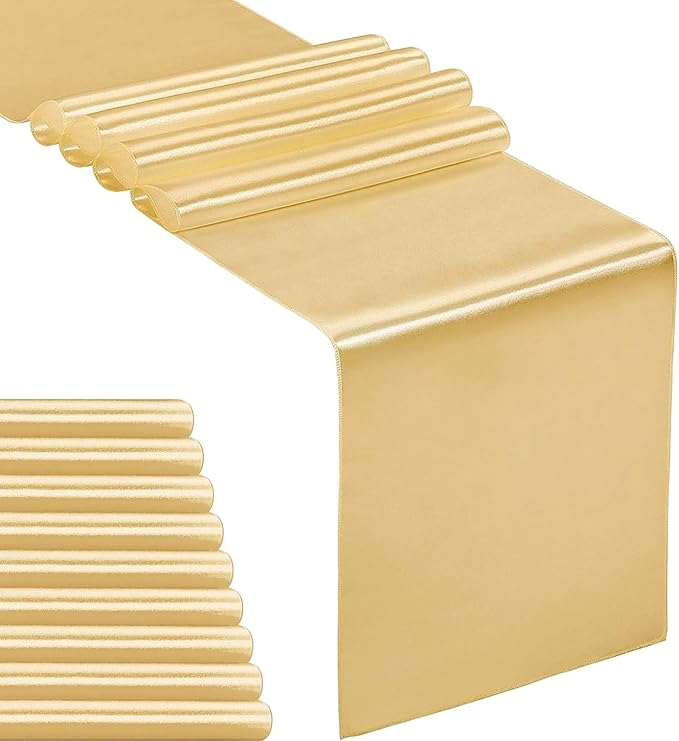 10-Pack Satin Table Runner Light Gold 12 x 108 inches Long, Table Runners for Wedding, Birthday Parties, Banquets Decorations（10 Pack, 12x108 Inch, Light Gold）