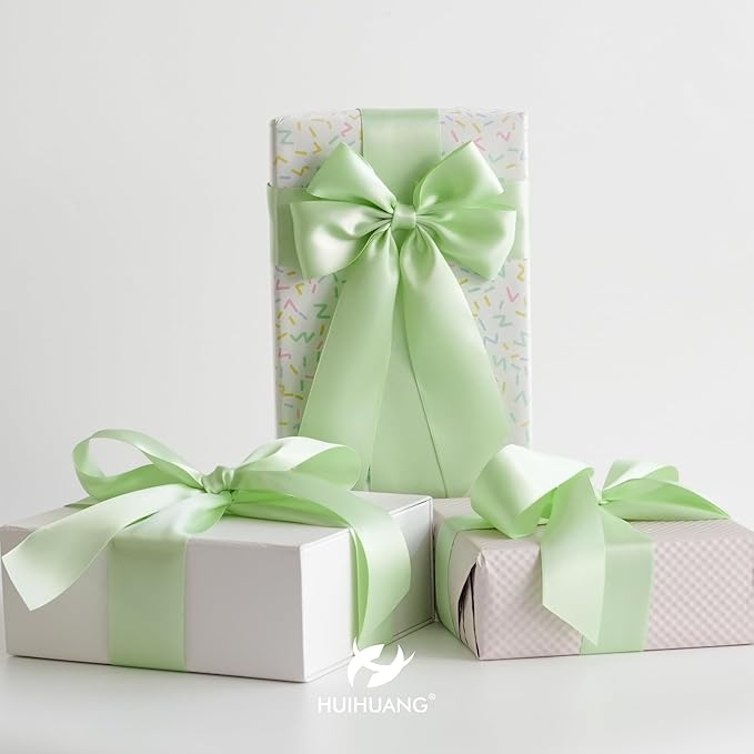 HUIHUANG Seafoam Green Satin Ribbon 1-1/2 inch x 50 Yards Pastel Green Silk Satin Ribbon for Gift Wrapping, Bows, Flower Bouquet, Eternal Roses, Crafts, Wedding Holiday Party Decor