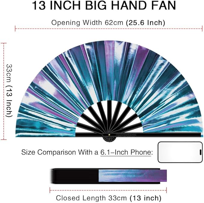 13" Large Folding Rave Fan with Holster, Clack Hand Fans Foldable for Line Dancing, Boots On The Ground Fan for Women Men Festival EDM Party Decoration, Holographic Blue 2 Pack