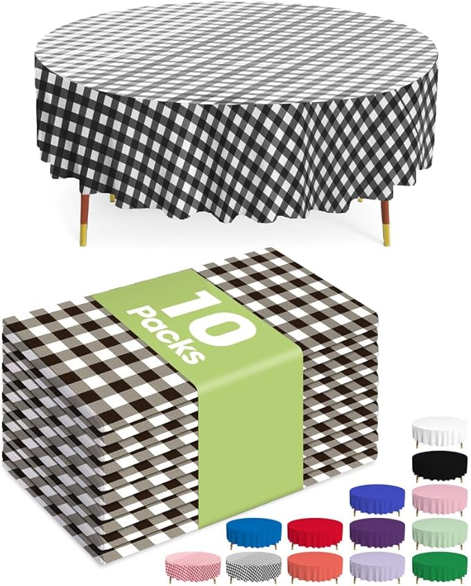Pureegg Plastic Table Cloth Disposable 10 Pack, 84'' Round Table Cloths, Party, Picnic, Decorative Gingham Tablecloths, Round, Black and White Checkered Cover, Leakproof & Sturdy, Black Plaid
