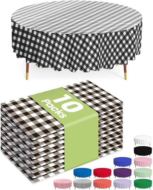 Pureegg Plastic Table Cloth Disposable 10 Pack, 84'' Round Table Cloths, Party, Picnic, Decorative Gingham Tablecloths, Round, Black and White Checkered Cover, Leakproof & Sturdy, Black Plaid