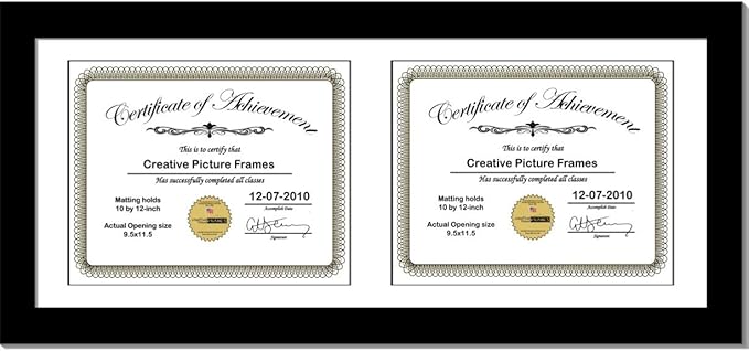 Creative Picture Frames 14X30Bk-W Black Horizontal Double Diploma Frame With 2 Opening White Mat, Holds 2-10X12-Inch Documents With Wall Hanger