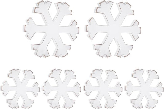 6Pcs Snowflake Decorations Christmas Decor White Winter Wooden Snowflakes Standing Christmas Tiered Tray Decor Table Signs Winter Wonderland Decorations for Indoor Home Xmas Shelf Fireplace Mantel