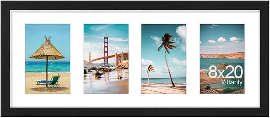 Vittanly 8x20 Collage Picture Frame, Displays 4Pcs 4x6 Pictures with Mat, Picture Frames Collage Wall Decor for Horizontal or Vertical Display, Black, 1 Pack