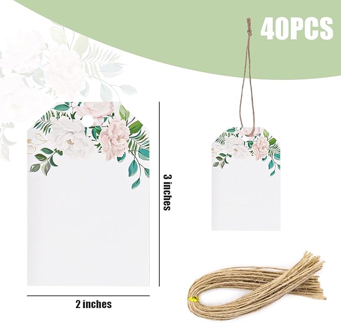 VGOODALL 40PCS Floral Gift Tags with String - Thank You Paper Tags for Baby Shower, Birthday, Wedding, Bridal Shower, DIY Gift, Party Favor Decor