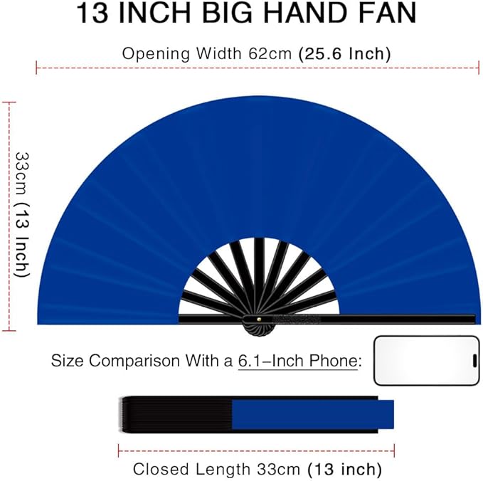 13" Large Folding Rave Fan with Holster, Clack Hand Fans Foldable for Line Dancing, Boots On The Ground Fan for Women Men Festival EDM Party Decoration, Blue