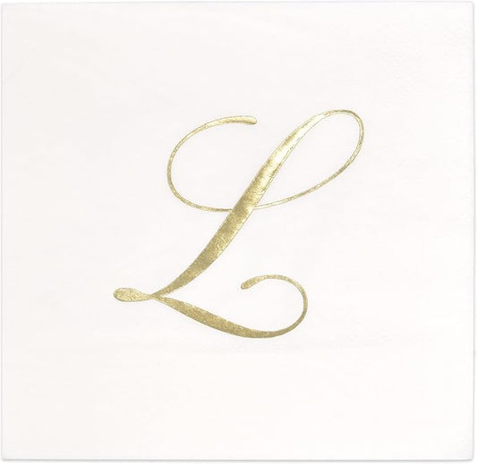 Gift Boutique 100 Gold Monogram Cocktail Napkins Letter L Disposable Paper Pack Elegant Metallic Golden Foil Hand Napkin for Powder Room Wedding Holiday Birthday Party Baby Shower Decorative Towels