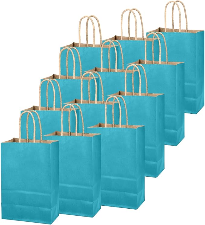 qiqee Sea Blue Gift Bag with Handles Bulk 24Pcs Paper Bags -8.3"x6"x3. 15" Party Favor Bags - Solid Color