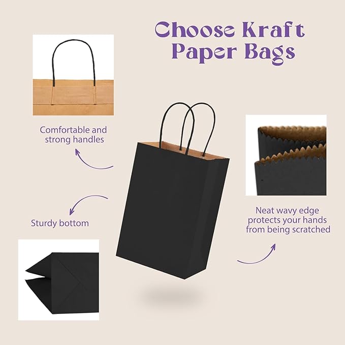 MESHA Gift Paper Bags 300 PACK 5.25x3.75x8'' Black Small Shopping Kraft Bags Bulk with Handles Reusable for Business,Grocery,Birthday,Wedding,Kids Party,Favors