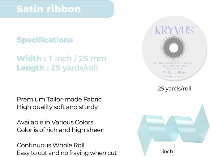 Light Blue Satin Ribbon 1 inch X Continuous 25 Yards, Single Face Polyester Ribbon Perfect for Gift Wrapping, Flower Bouquet, Wedding Decor, Crafts, Bow Making, Sewing and More