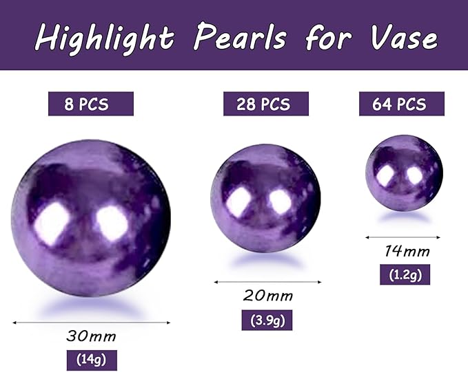 150Pcs Dark Purple Polished No Hole Faux Pearl Beads for Vase Filling Decorations, Plastic Pearls Vase Fillers, Table Scatters, Wedding Centerpiece, Home Decor, 8/14/20 mm