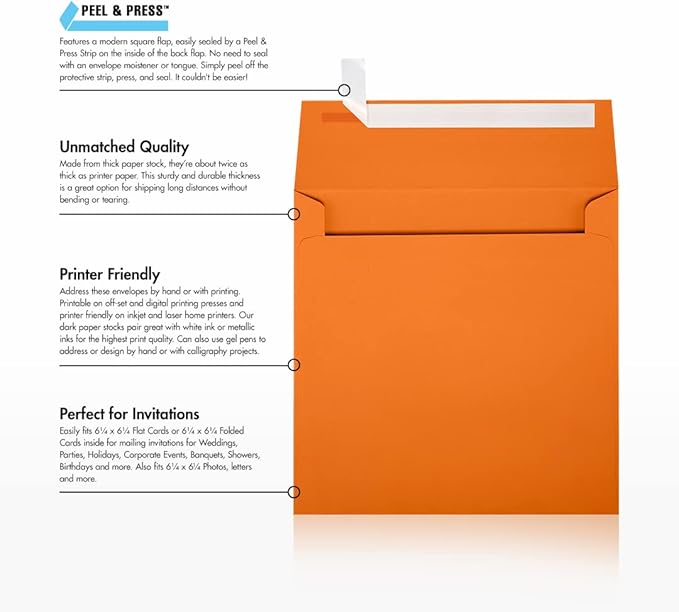 LUXPaper Square Invitation Envelopes | Peel & Press | 6 1/2" x 6 1/2" | Mandarin Orange | 80lb. Text | 50 Qty