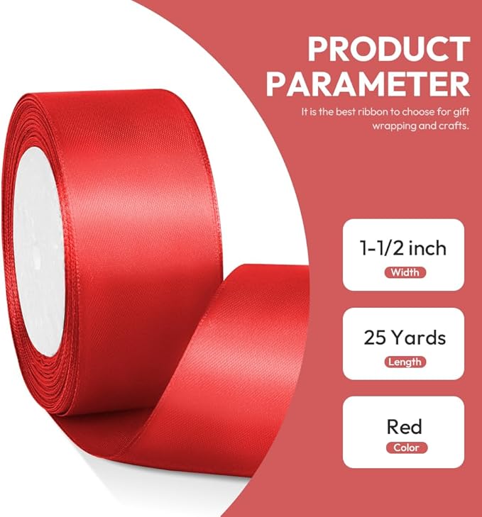 1-1/2" x 25 Yards Satin Ribbon, Red Silk Ribbon Ideal for Gift Wrapping, Floral Bouquets, Crafts, Wedding Party Decorations, Christmas and Sewing Projects