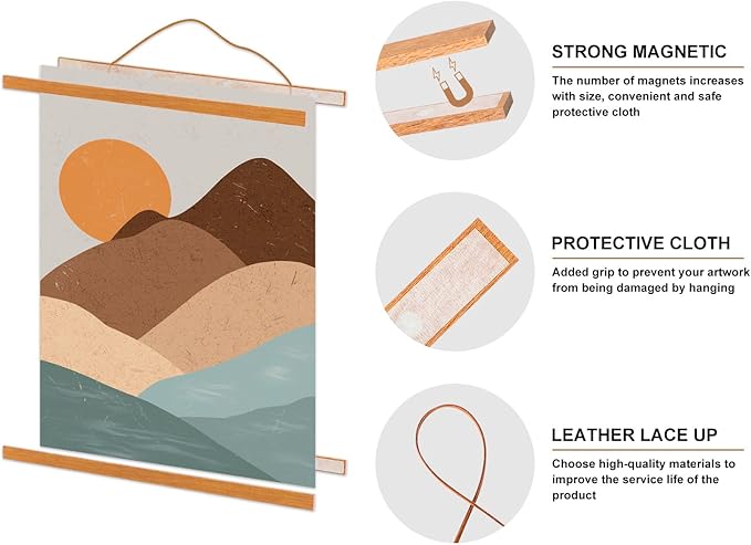 Magnetic Poster Hanger, 37x28 37x40 37x25 Poster Frame Wood Wooden Magnet Print Posters Dowel Scroll Hanger Hangers Hanging Kit for Walls Map Canvas Artwork (Teak Wood, 37")