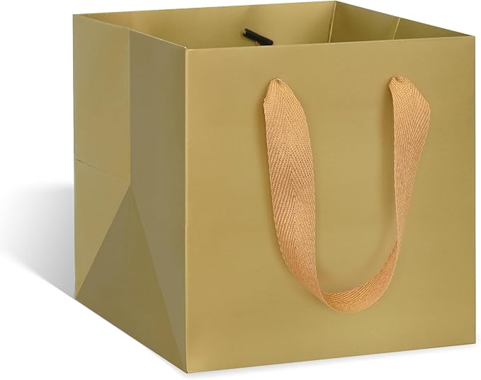 ADIDO EVA Gold Square Gift Bags Mini Size Square Bottom Paper Bags with Handles for Party Favor (4x4x4 In, 10 CT)