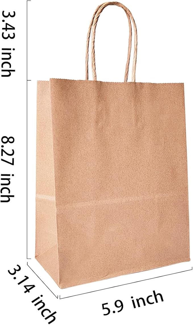 BAG BOX 100 Pcs Small 5.9x3.1x8.25 Inch Brown Kraft Paper Gift Bags with Handles for Bulk Wedding, Party Favors, Grocery, Shopping, Retail Merchandise, Gift Sacks