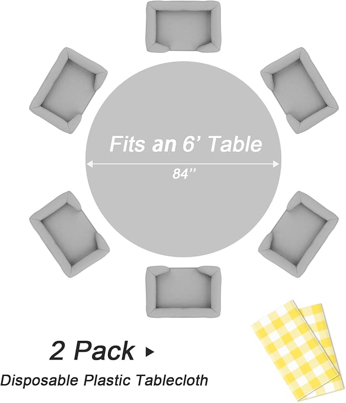 QIKSION Yellow Gingham Round Tablecloth 2 Pack, 84 Inch Plastic Checkered Table Cover Disposable for Parties