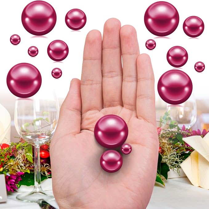 150Pcs Wine Red Polished No Hole Faux Pearl Beads for Vase Filling Decorations, Plastic Pearls Vase Fillers, Table Scatters, Wedding Centerpiece, Home Decor, 8/14/20 mm