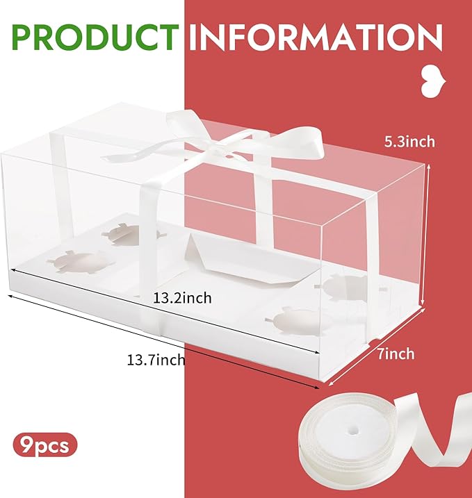 JCD 9 Pcs Clear Cupcake Boxes Combo,Cakes and Cupcakes Box 1+4 Bento Box Clear Bento Cakes Boxes Fit 4 Cupcake and 1 Mini Cake for Valentine Wedding Birthday(1+4/9Pcs)
