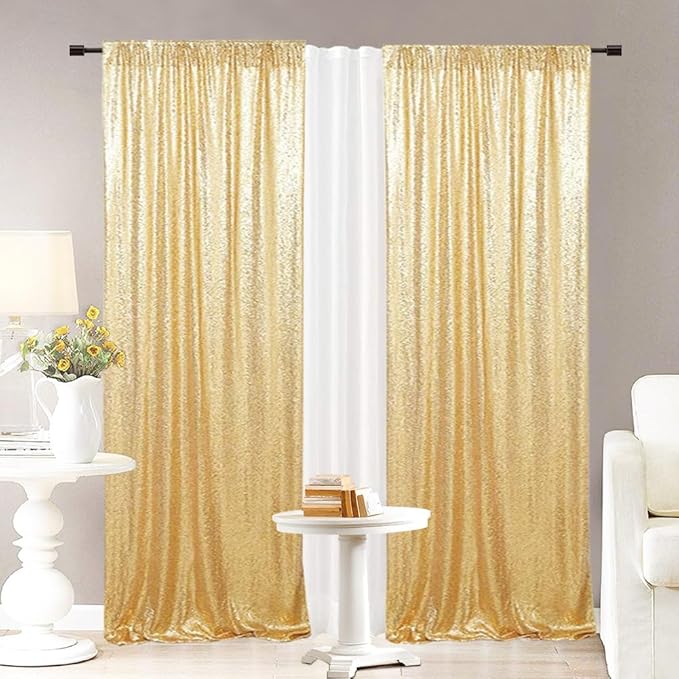 Eternal Beauty Gold Sequin Backdrop Curtains, Shimmer Back Drop 4Panels-2FTx8FT for Christmas, Party, Birthday, Photography, Wedding, Baby Shower Event Decoration