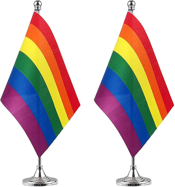 ZXvZYT 2 Pack Pride Rainbow flag Gay table flag,Small Mini LGBT Desk Flags With Stand Base,American Rainbow Mardi Gras Party Decorations Supplies