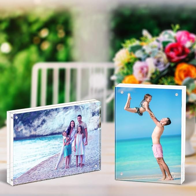 HELPLEX 6 Pack Acrylic Frame, 5x7&4x6 Combinations, 20% Thicker, 20-24mm Thick Acrylic Picture Frames, Frameless Clear Double Sided Magnetic Frame, Free Standing Desktop Display Stand Acrylic Frames