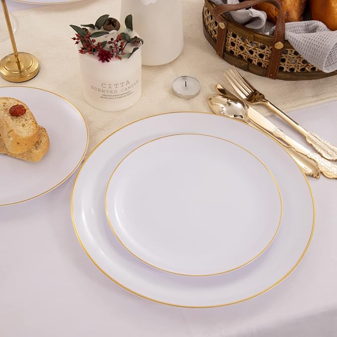 KIRE 100PCS Disposable Plates - White with Gold Rim for Thanksgiving Party/Wedding - Includes 50Pieces 10.25inch Dinner and 50Pieces 7.5inch Dessert/Salad Plates