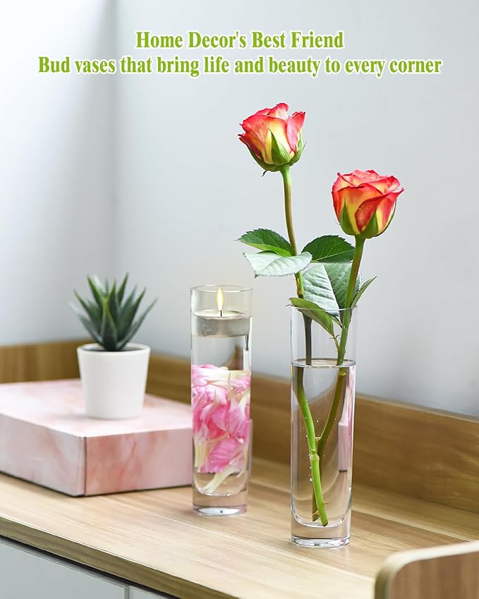Glass Cylinder Vases for Centerpieces – Set of 16 Handmade Clear Flower Vase 7.48" Tall,Wedding Table Decor for Single Rose Bud Vases,Small Vases Home Decor,Floreros,1 Brush
