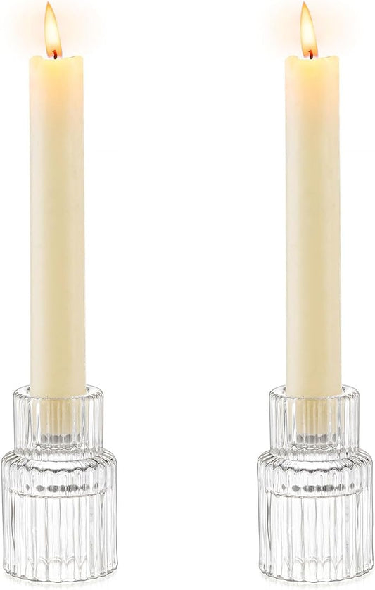 Romadedi Glass Candle Holder for Candlestick - 2Pcs Clear Small Tapered Candle Holders Wedding Decor Table Centerpiece for Candle Sticks Christmas Party Table Living Room Dinner Advent