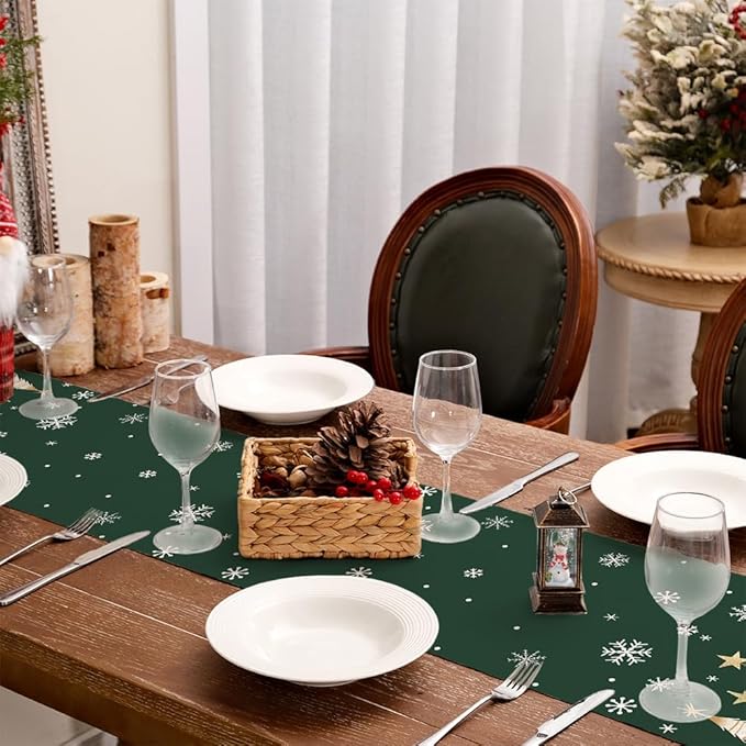 GEEORY Christmas Table Runner 13x90 Inch, Xmas Trees Snowflakes Holiday Decorative Farmhouse Table Decoration for Kitchen Dinning, Indoor Outdoor Dinner Party Decor (Green) GT152-90