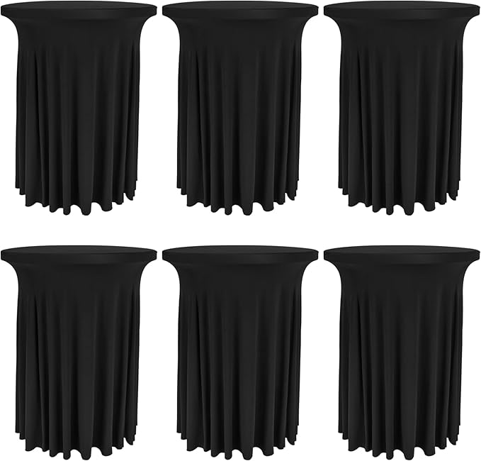 6 Pack Round Cocktail Tablecloth 32"x 43" Spandex Cocktail Table Skirt, Washable Stretch Fitted Table Covers for High Top Bar,Wedding,Party,Events (Black)