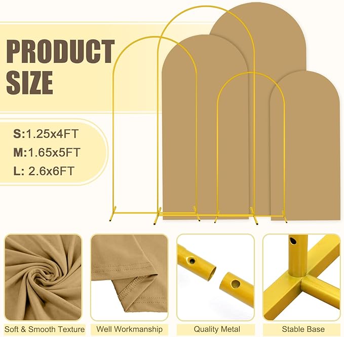MODFUNS Metal Arch Backdrop Stand and Cover Set 4&5&6ft Khaki Arch Cover Gold Wedding Arched Frame Brown Backdrop Covers Arched Stand with Covers for Wedding Ceremony Birthday Party Decor