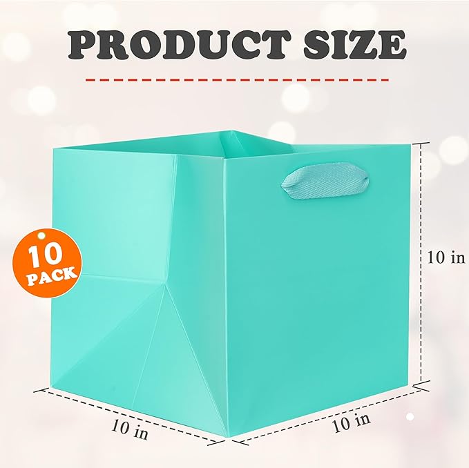 ADIDO EVA Teal Blue Square Gift Bags Medium Size Square Bottom Paper Bags with Handles for Party Favor, Shopping Bag (10x10x10 In, 10 CT)