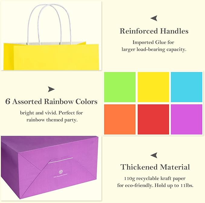 BagDream 48 Pieces 10x5x13 Assorted Gift Bags Rainbow Colors Kraft Paper Party Favor Gift Bags with Handles for Wedding, Baby Shower, Birthday, Gifts, Shopping and Party Supplies