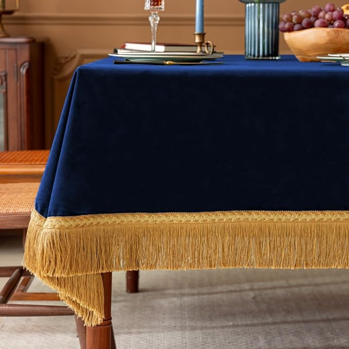 F-CHU Blue Tablecloth Thickset Velvet Tablecloth with Beautiful Gold Tassels Vintage Table Cloth for Home Decor Wedding, Party, Banquet and Events 60x86-Inch