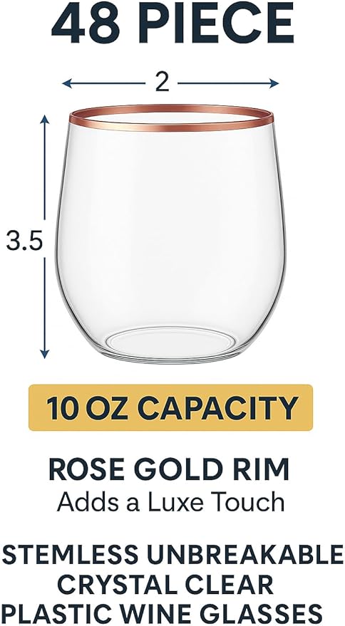 48 Pack 10 oz Small Plastic Stemless Wine Glasses with Rose Gold Rim – Disposable, Shatterproof, Crystal Clear Cups for Weddings, Parties, Events, and Toasts – Elegant & Reusable Drinkware