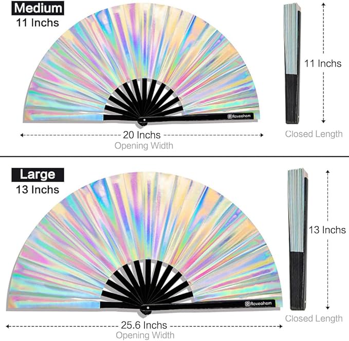 Large Rave Fan, Clack Folding Hand Fan with Premium Fabric, Thick Bamboo Frame for Men Women Gift for EDM, Festival, Club, Party, Dance, Decoration (Holographic Silver, 13")